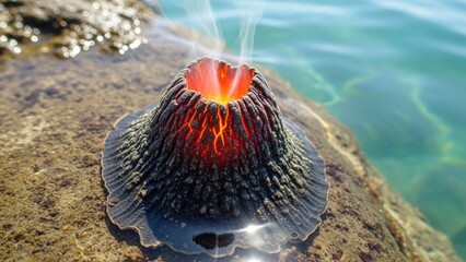 A volcanic eruption with lava spewing out of a hole in the ground into the ocean.