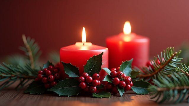 Traditional Christmas still life with two glowing red candles, creating a warm and inviting festive atmosphere with holly berries and evergreen fir branches on a rustic wooden table background