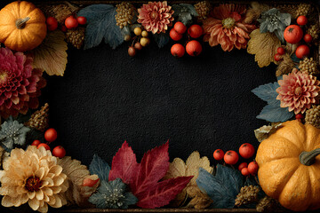 Thanksgiving frame border black background with ornam. Autumnal harvest edging dark backdrop decorative element holiday thankful occasion rectangular shape picture surround design