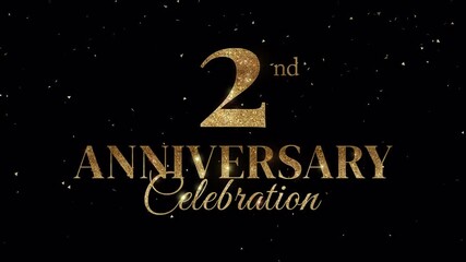 2nd anniversary text animation celebration with gold glitter confetti on transparent background. Luxury party anniversary celebration concept. 4k video