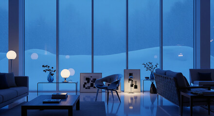 Modern interior with winter view offers calm and stylish living experience  winter zoom background