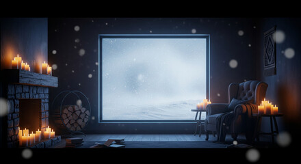 Cozy winter escape with fireplace and candles creating a warm, inviting glow  winter zoom background