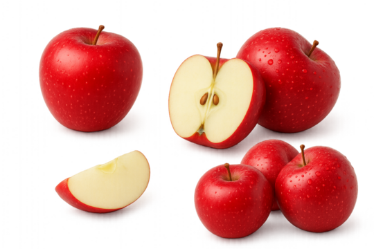 Fresh red apples arranged on a clean surface, including whole fruits with water droplets, a halved apple revealing the crisp interior and seeds, and a single apple slice. The image highlights the vibr