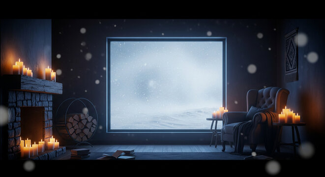Cozy winter escape with fireplace and candles creating a warm, inviting glow  winter zoom background