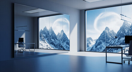 Inspiring workspace with a stunning mountain view for focused productivity winter zoom background 