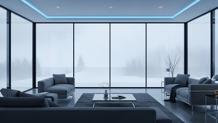Stylish modern living room with expansive winter landscape view and soft lighting zoom background 