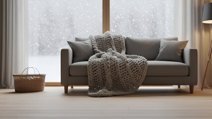 Cozy neutral living room with soft sofa and chunky knit throw on snowy day winter zoom background 