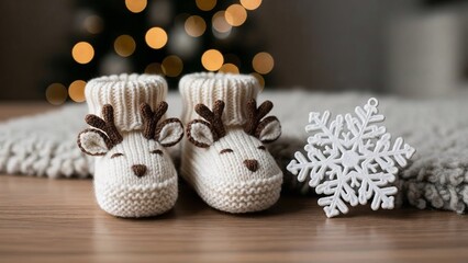 Adorable reindeer baby booties with snowflake on wooden background  