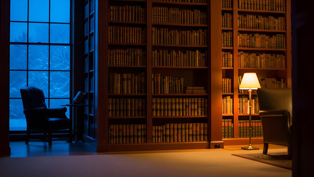 Escape into a classic library with antique books and a cozy reading nook winter zoom background 