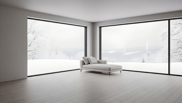 Relaxing modern chaise lounge in a minimalist room with winter mountain views zoom background  - Powered by Adobe