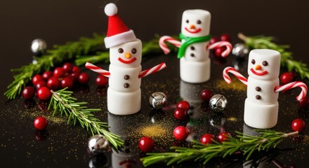 Marshmallow snowmen with christmas decorations