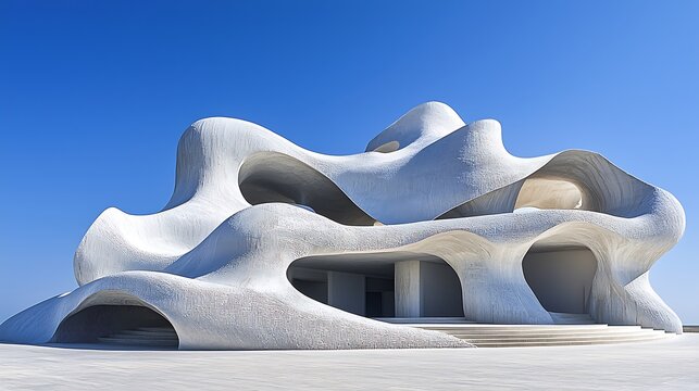 White sculptural building with abstract, organic curves under a clear blue sky, showcasing innovative modern architecture.