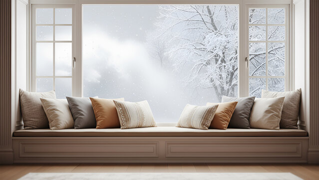 Cozy window seat with pillows offers serene view of snowy winter landscape winter zoom background 