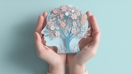 Self Care and Mental Health Concept with Hands Holding Head and Flower-Filled Creative Brain