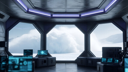 Futuristic control room with stunning view of snow-covered mountains and clouds 