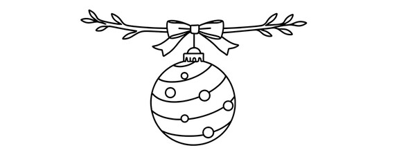 Christmas bauble hanging from a decorative branch with a bow, line art illustration isolated on white background