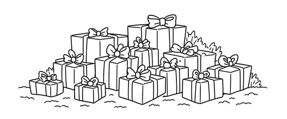 Obraz premium Outline drawing of a stack of gift boxes with bows, holiday celebration, isolated on white