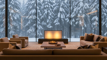 Relaxing winter getaway in cozy modern cabin with stunning snowy forest view winter zoom background 