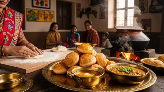 A woman in traditional Indian attire preparing food in a kitchen with a traditional clay pot on the stove.