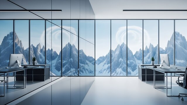 Modern office interior with stunning mountain view for design inspiration ideas winter zoom background 