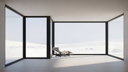 Modern minimalist interior with serene winter zoom background 