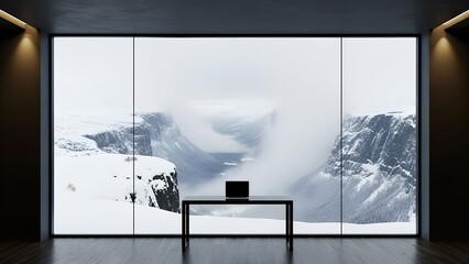 Naklejka premium Modern workspace with snowy mountain view inspires remote work and creativity winter zoom background 