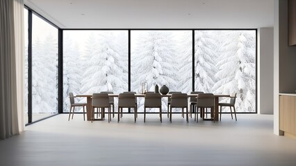 Elegant winter dining room overlooking snow covered forest in stunning modern home winter zoom background 