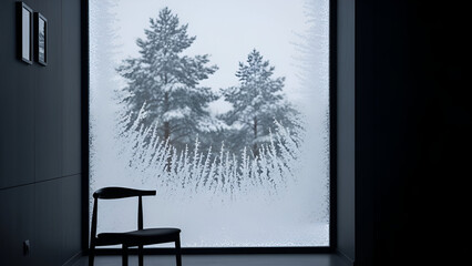 Moody interior with snowy winter forest view from window and modern chair zoom background