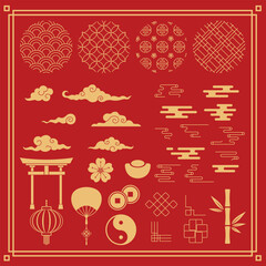 Set of traditional asian design element. Chinese festive gold symbols of Asian Lunar New Year.
