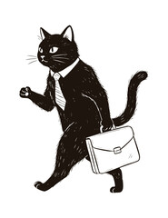 Obraz premium Business Cat Walking with a Briefcase Line Art Illustration