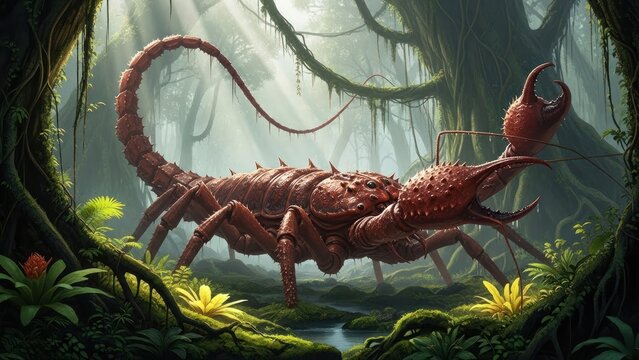 A large, red, scorpion-like creature with a long tail and large claws, standing in a lush, jungle-like environment with green foliage and sunlight filtering through the trees.