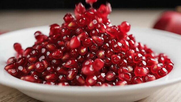 Pomegranate seeds falling into bowl fresh fruit healthy eating antioxidant rich superfood delicious snack 100g