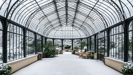 Elegant snowy winter garden room with classic furniture,  zoom background 