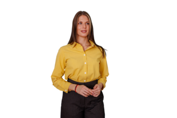 Confident young businesswoman standing, looking away with a thoughtful expression, transparent background