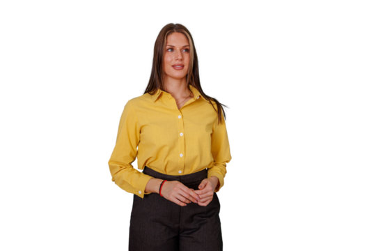 Confident young businesswoman standing, looking away with a thoughtful expression, transparent background
