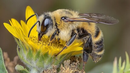Macro close-up of a fuzzy bee with pollen on its body, collecting nectar from a vibrant yellow flower