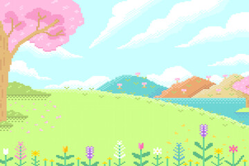 Spring landscape with various flowers and cherry blossom trees and lake on blue sky background with clouds, Pastel tone, Pixel style.