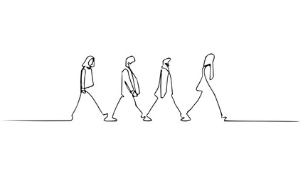 Iconic band members stroll in a continuous line drawing, perfect for music lovers and creative minds looking for minimalist art with a retro vibe