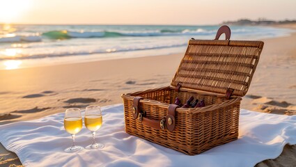 Open wicker picnic basket with white wine and champagne at sunset beach