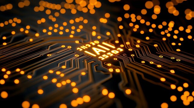 Artificial Intelligence (AI) processor on a futuristic circuit board with glowing orange connections representing data flow and technological advancement.