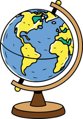 Bright Cartoon Globe Vector Illustration with Vivid Yellow Continents and Bold Blue Oceans, Symbolizing Global Travel and Discovery