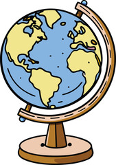 Cute Doodle Globe Illustration with Light Blue Ocean and Yellow Continents, Vintage School Map Concept Vector Graphic