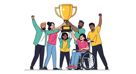 Diverse group celebrating raising a golden trophy with joy and inclusivity