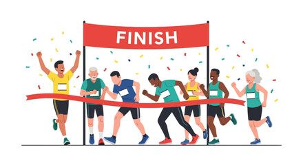Diverse runners cross a finish line under a FINISH banner with confetti