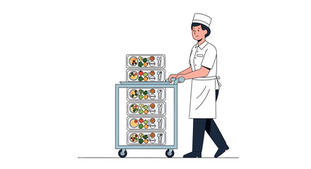 Vector illustration of a professional food service worker pushing a catering cart with prepared meals in containers