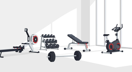 Gym scene rowing machine dumbbells bench press weights exercise bike against a light wall and window