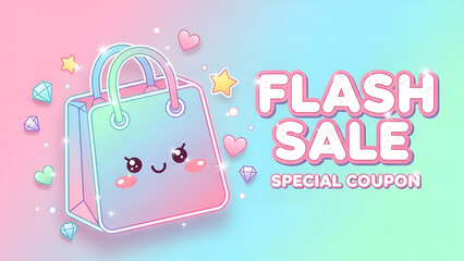 Charming kawaii shopping bag character on a vibrant pastel background, illustrating a special coupon and flash sale concept