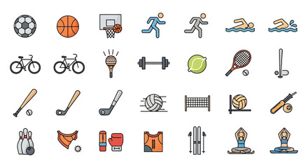 Icons depicting various sports activities  equipment in a neat organized display