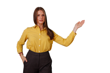 Professional woman presenting, showing, or welcoming with open hand gesture and confident expression on transparent background