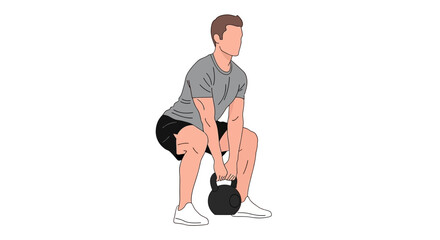 Man squatting holding a kettlebell wearing shorts tshirt  sneakers